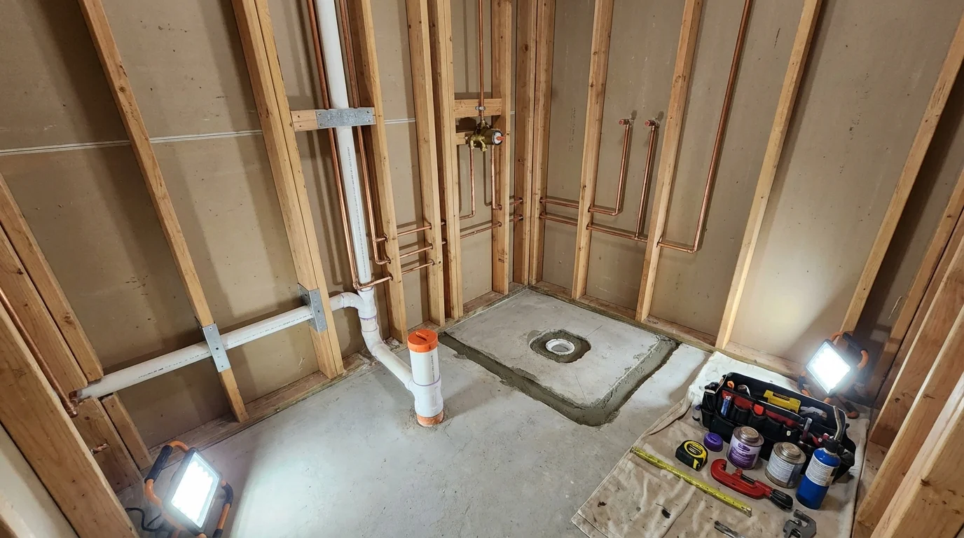 Bathroom rough-in plumbing during remodel by Johns Plumbing LLC in Valley Center