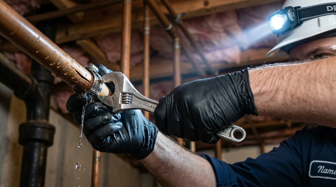Emergency pipe clamp repair being performed by a Johns Plumbing LLC plumber in Valley Center