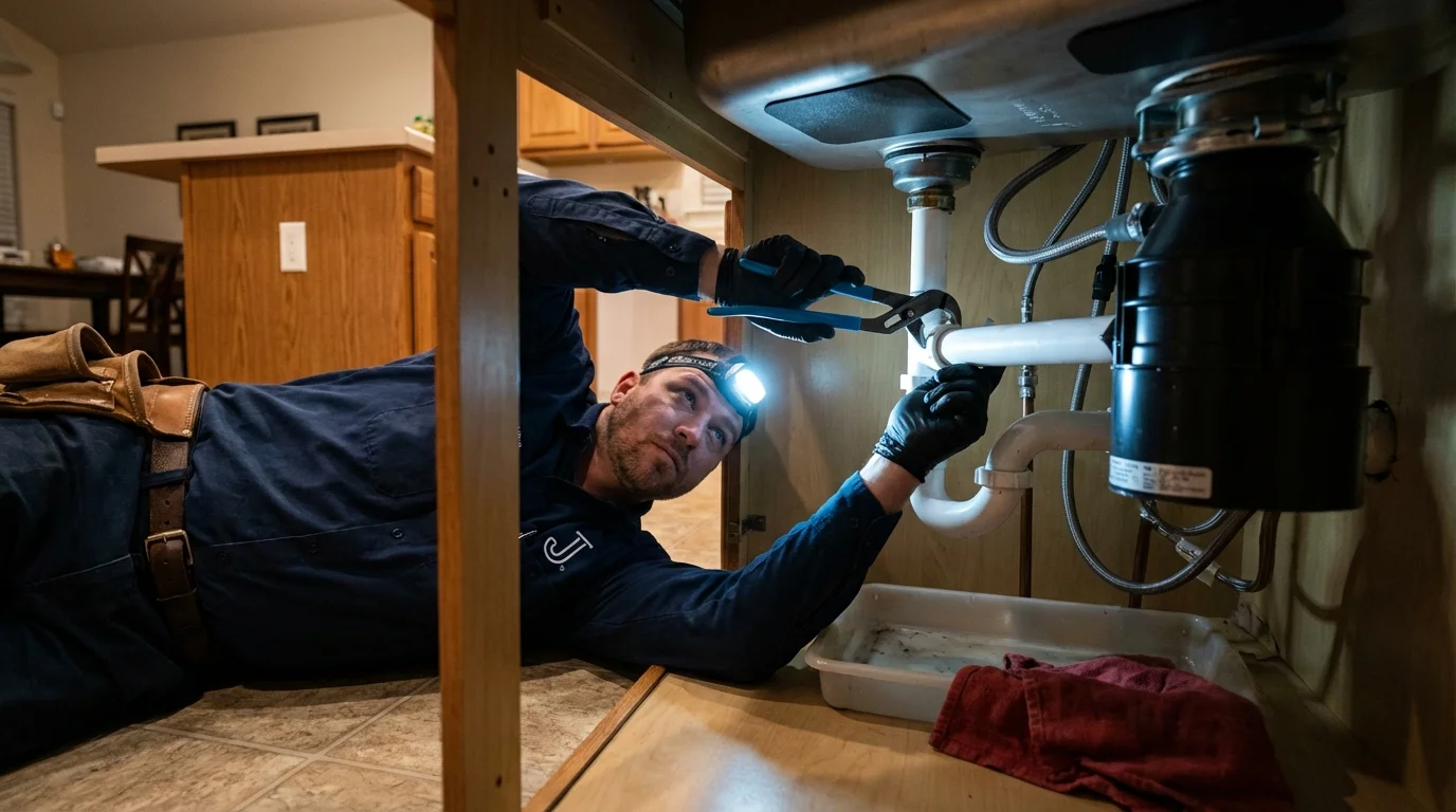 P-trap and supply line connections under a kitchen sink showing a common leak point in Valley Center, CA
